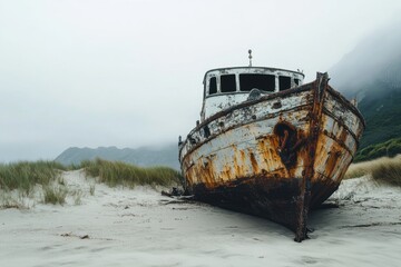 Abandoned shipwreck on a deserted beach ocean landscape ship artifacts natural surroundings coastal view nostalgic concept of maritime history