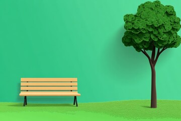 Aufkleber - A flat design of a garden bench under a single tree, with clean and modern landscaping elements