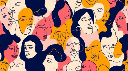 Poster - Many female faces, line art.