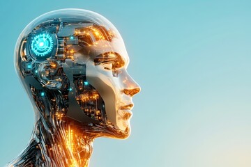 Poster - A futuristic cybernetic head with glowing blue gears visible through transparent sections, representing advanced AI technology