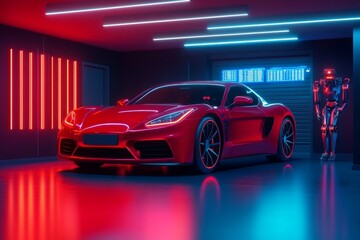 Poster - A futuristic garage with robotic arms maintaining a self-driving car, glowing holographic displays showing diagnostics