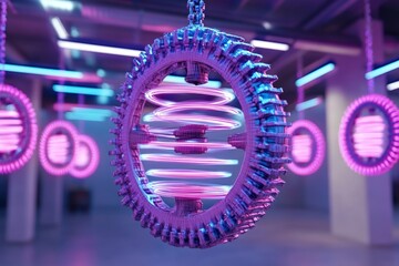Poster - A futuristic holographic gear system, glowing in neon blue and purple, suspended in mid-air and rotating in perfect synchronization
