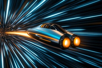 Poster - A futuristic spaceship flying through the center of a glowing galaxy, its engines leaving a trail of light