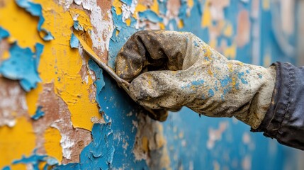 Wall Mural - A gloved hand scrapes peeling blue and yellow paint from a weathered surface. Illustrates decay, restoration, renovation, or DIY projects.