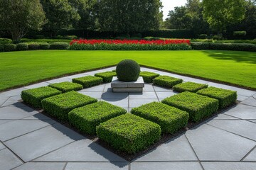Poster - A geometric garden design with symmetrical flower beds, topiary, and a central stone fountain