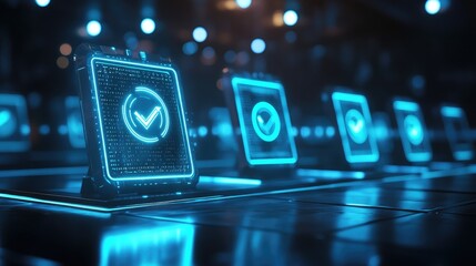 Poster - Futuristic Neon Icons with Check Marks in a Digital Environment