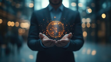 Poster - Man in Suit Holding Digital Sphere with Sparks and Light Effects