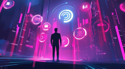 Poster - Futuristic Business Landscape with Silhouette in Neon Hues