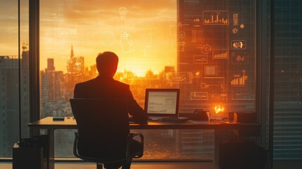 Poster - Business Professional Observing City Skyline at Sunset with Data Insights