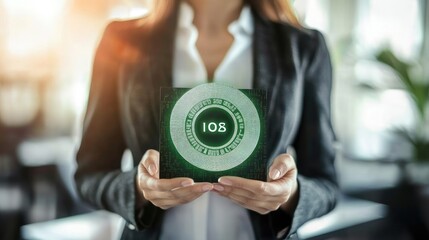 Poster - Businesswoman Holding Digital Display with Number on Green Background