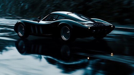 Poster - Black classic car driving on wet road.
