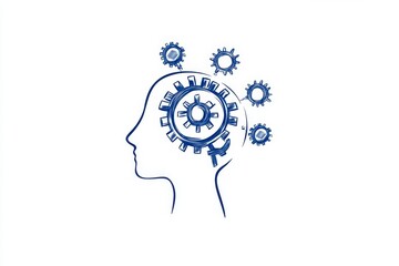 Poster - A minimalist line drawing of a head silhouette, with a single, large gear inside to symbolize thought and logic, set against a clean white background
