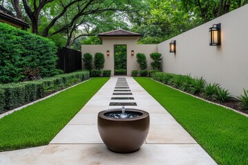 Poster - A modern garden design featuring a minimalist water fountain surrounded by manicured hedges and tall grass