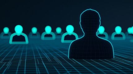 Poster - Digital silhouettes of people against a grid background in a futuristic style.