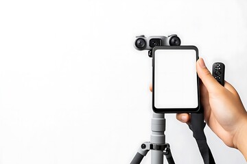 hand using selfie stick isolated white