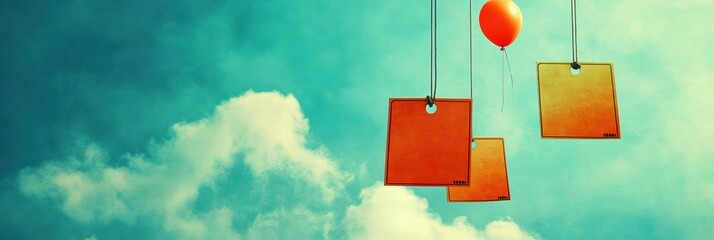 Poster - Colorful squares and a balloon float in a bright blue sky with soft clouds during a sunny day. Generative AI