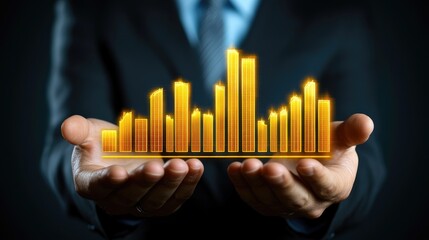 Poster - Golden Data Visualization with Businessman Hands Holding Bars