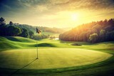 Vintage Golf Putting Green Hilltop -  Isolated Background, Retro Golf Course, Lush Green, Flag,  Classic Golf Scene