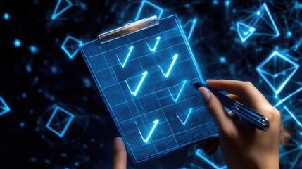 Poster - Digital Checkmark List on Clipboard with Glowing Blue Background