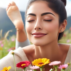 Woman's face during yoga pose