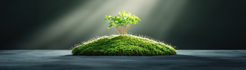Poster - vibrant patch of moss illuminated from above, showcasing small plant thriving in serene environment. soft light creates dramatic effect, highlighting nature beauty