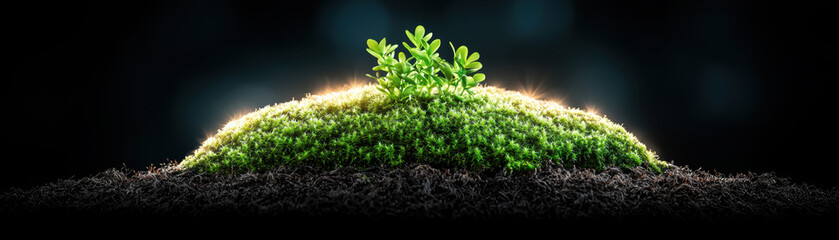 Poster - vibrant patch of moss illuminated from side, showcasing lush greenery and delicate leaves, creating serene and enchanting atmosphere