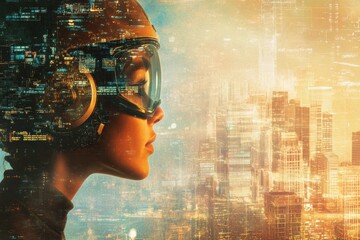 Leinwandbilder - Profile of a person in a safety helmet and goggles with an abstract city environment reflecting innovation and progress. Generative AI