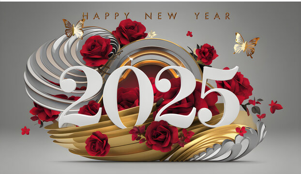 Luxurious Happy New Year 2025 Celebration with 3D Typography and Heart Accents,Happy New Year 2025 with 3D paper art style celebration with layered ribbons, stars and balloons.