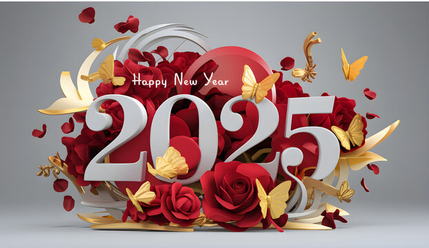 Luxurious Happy New Year 2025 Celebration with 3D Typography and Heart Accents,Happy New Year 2025 with 3D paper art style celebration with layered ribbons, stars and balloons.
