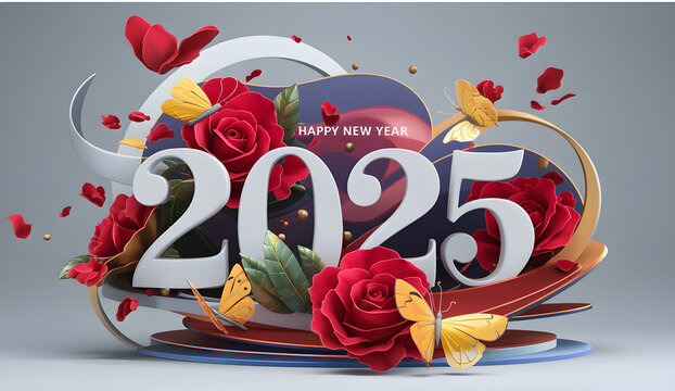 Luxurious Happy New Year 2025 Celebration with 3D Typography and Heart Accents,Happy New Year 2025 with 3D paper art style celebration with layered ribbons, stars and balloons.