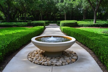 Poster - A simple fountain surrounded by symmetrical hedges, creating a geometric and calming garden design