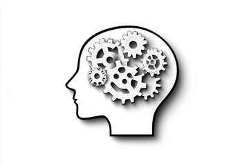 Poster - A simple geometric depiction of a head with overlapping gears forming the brain, rendered in bold black and white with sharp edges