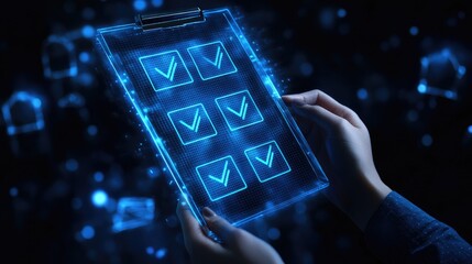 Poster - Digital Checklist Concept with Blue Neon Vivid Background