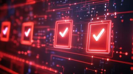 Poster - Digital technology background with glowing check marks and circuits