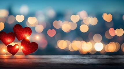 Poster - Valentine. Romantic scene with red hearts and blurred bokeh lights in the background, perfect for love-themed projects.