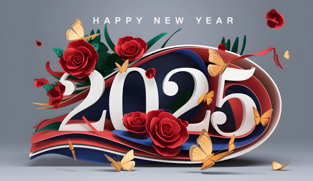 Luxurious Happy New Year 2025 Celebration with 3D Typography and Heart Accents,Happy New Year 2025 with 3D paper art style celebration with layered ribbons, stars and balloons.