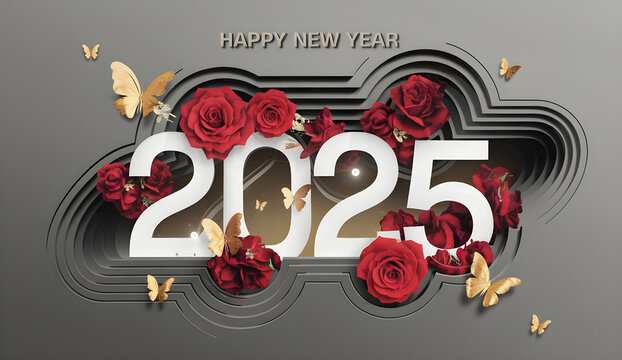 Luxurious Happy New Year 2025 Celebration with 3D Typography and Heart Accents,Happy New Year 2025 with 3D paper art style celebration with layered ribbons, stars and balloons.