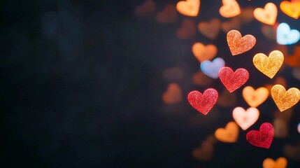 Poster - Valentine. Colorful hearts floating against a dark background create a warm, romantic ambiance.