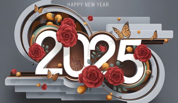 Luxurious Happy New Year 2025 Celebration with 3D Typography and Heart Accents,Happy New Year 2025 with 3D paper art style celebration with layered ribbons, stars and balloons.