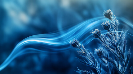 Poster - Delicate blue floral elements intertwine with flowing patterns in an ethereal setting showcasing nature's beauty