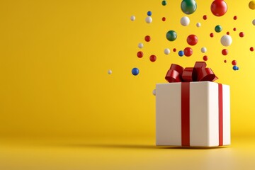 Poster - A vibrant 3D illustration of a gift bursting open with colorful confetti and playful, animated elements floating in the air
