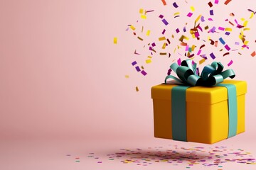Poster - A vibrant 3D illustration of a gift bursting open with colorful confetti and playful, animated elements floating in the air