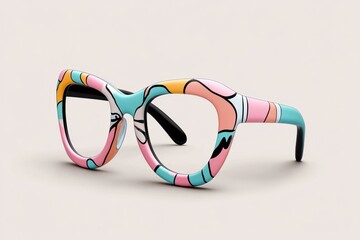 A vibrant digital illustration of oversized glasses with colorful patterns and playful designs on the frames