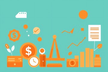 Wall Mural - Business Growth and Innovation: A vibrant, minimalist illustration depicting the key elements of business success, including finance, time management, growth, and innovation.  