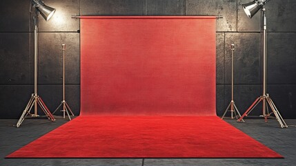 Poster - A studio setup featuring a red backdrop and light, background, eleganting for photography or video shoots.