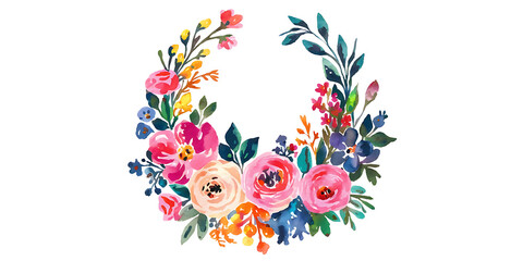 Wall Mural - A watercolor style wreath with various flowers