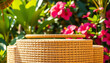 © Jacks Studio - Wicker podium with vibrant floral backdrop