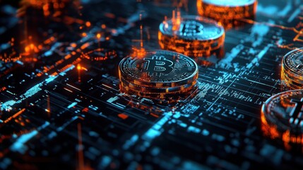 Poster - Digital Cryptocurrency Concept with Bitcoin Coins and Circuit Patterns