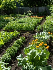 Aufkleber - Vibrant garden with tools and rows of colorful flowers and thriving vegetables under bright sunlight in a lush setting. Generative AI