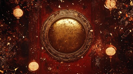 Wall Mural - Festive layout featuring a golden circular frame surrounded by lanterns, a border of intricate Chinese patterns, and confetti-like accents over a rich red background.